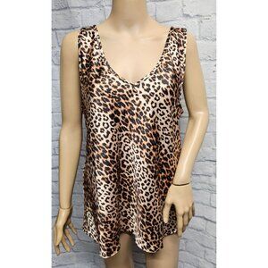 EBY L CHEETAH LEOPARD SATIN LOOK BLACK BEIGE BROWN V-NECK TANK TOP